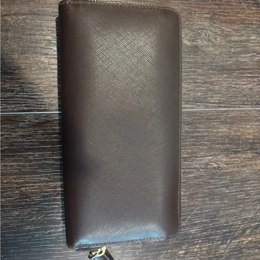 COACH Dark Brown Leather Zip-Around Wallet with Gold Logo